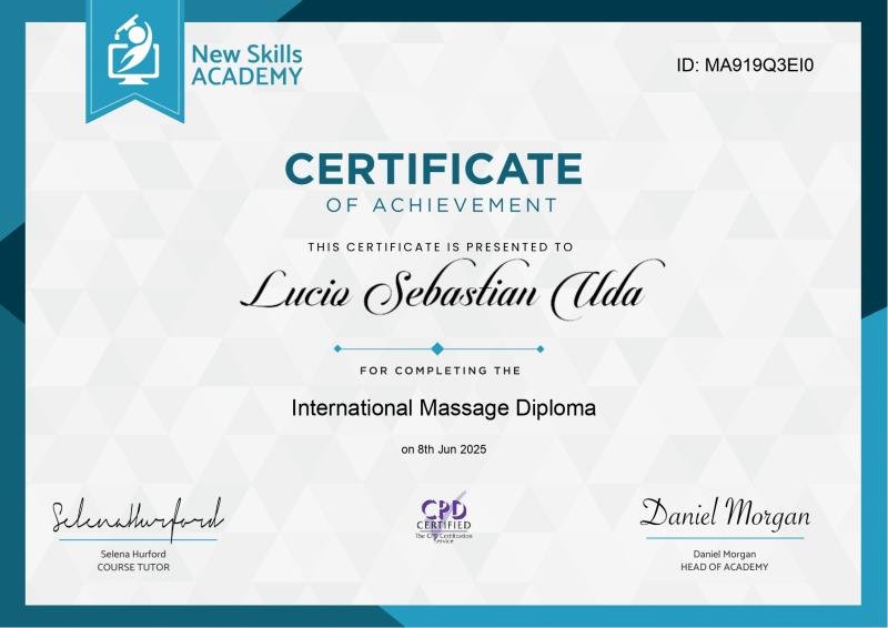 Certificate of Achievement — International Massage Diploma udstedt til Lucio Sebastian Uda af New Skills Academy, CPD Certified
